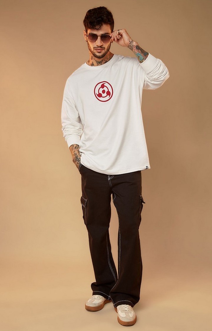 Men's Naruto: Uchiha Clan White Printed Oversized T-Shirt