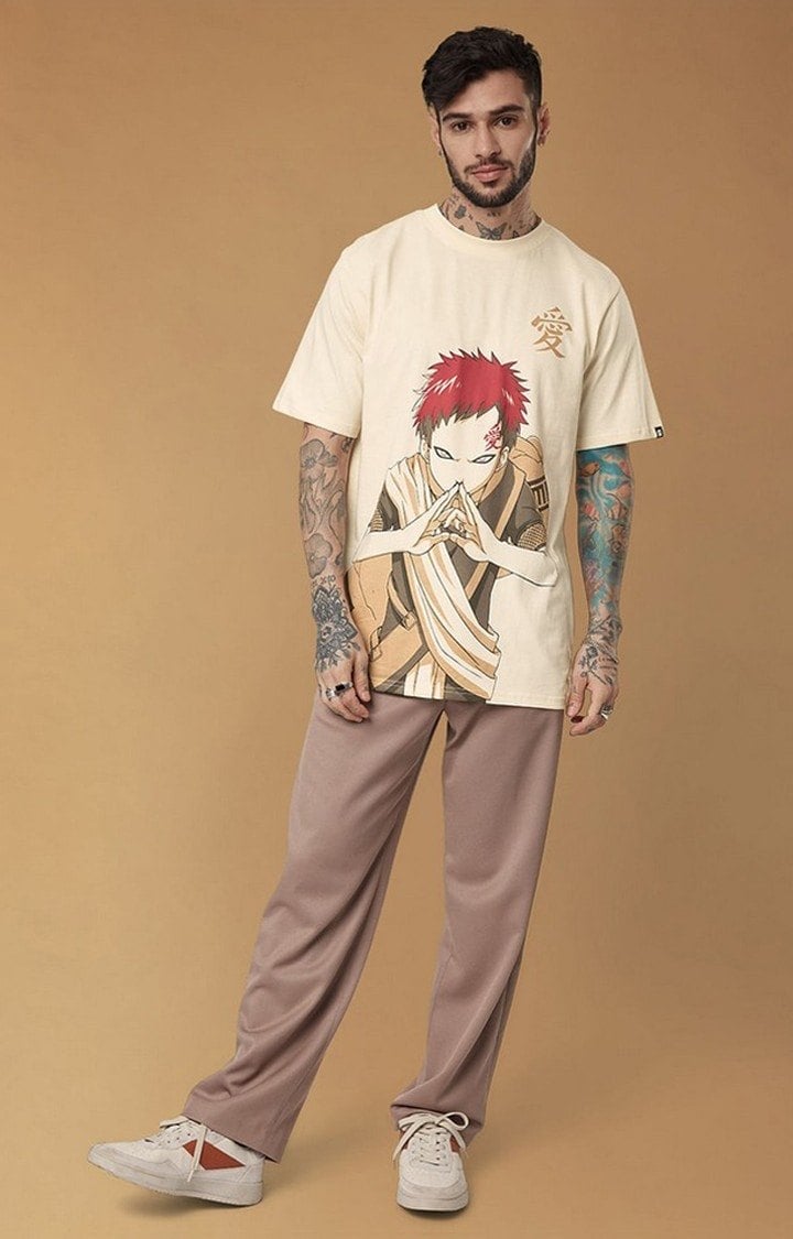 Men's Naruto: Gaara of the Sand Beige Printed Oversized T-Shirt