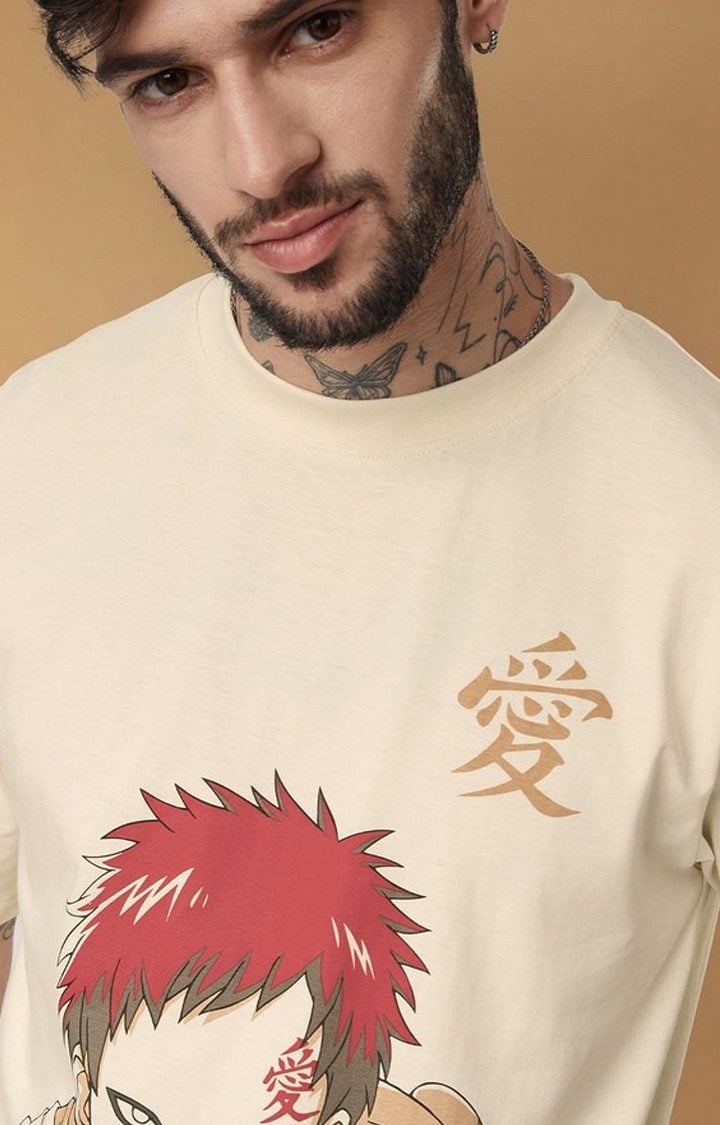 Men's Naruto: Gaara of the Sand Beige Printed Oversized T-Shirt