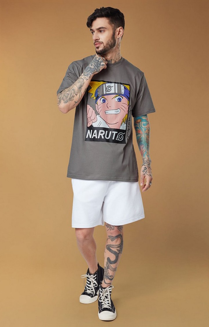 Men's Naruto: Hero Grey Printed Oversized T-Shirt
