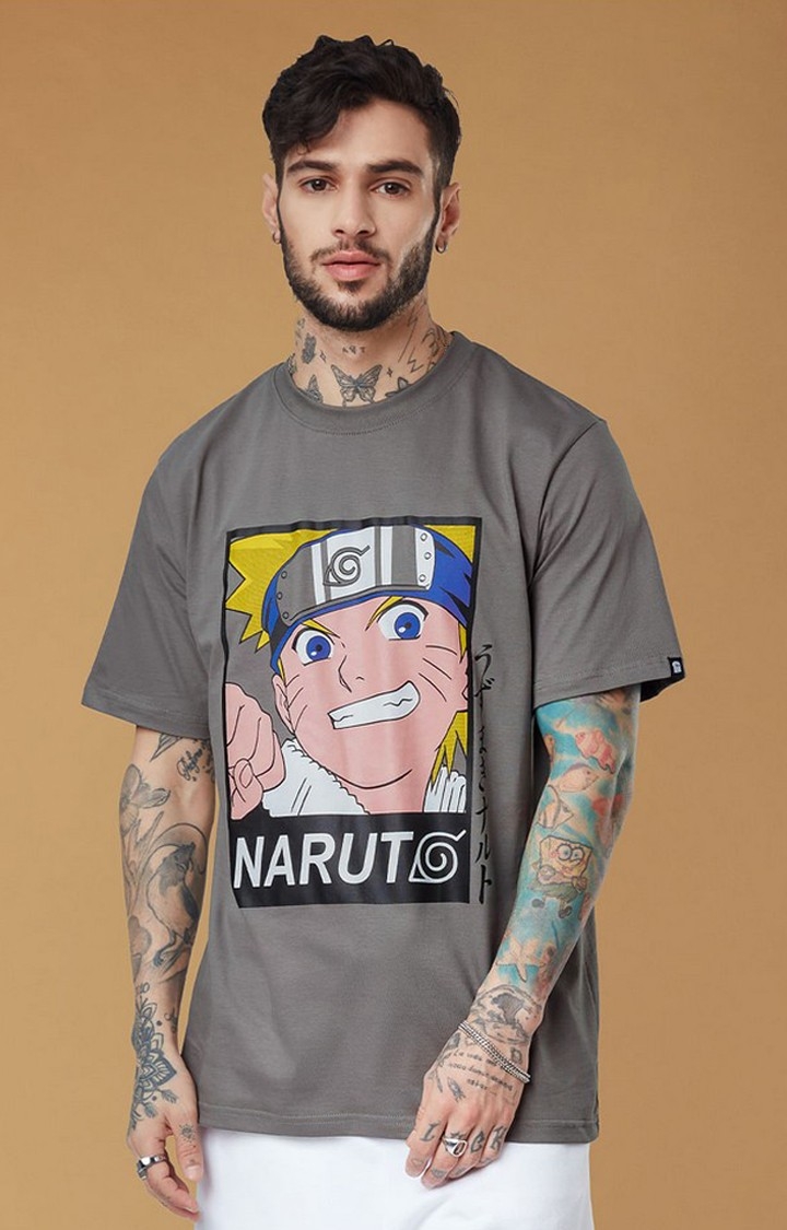 Men's Naruto: Hero Grey Printed Oversized T-Shirt