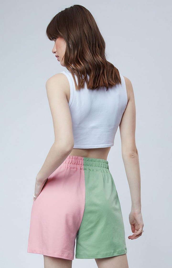 Women's  Pink & Green Cotton Colourblocked Shorts