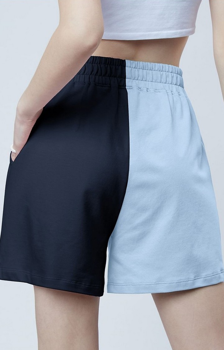 Women's  Navy Blue Cotton Colourblocked Shorts