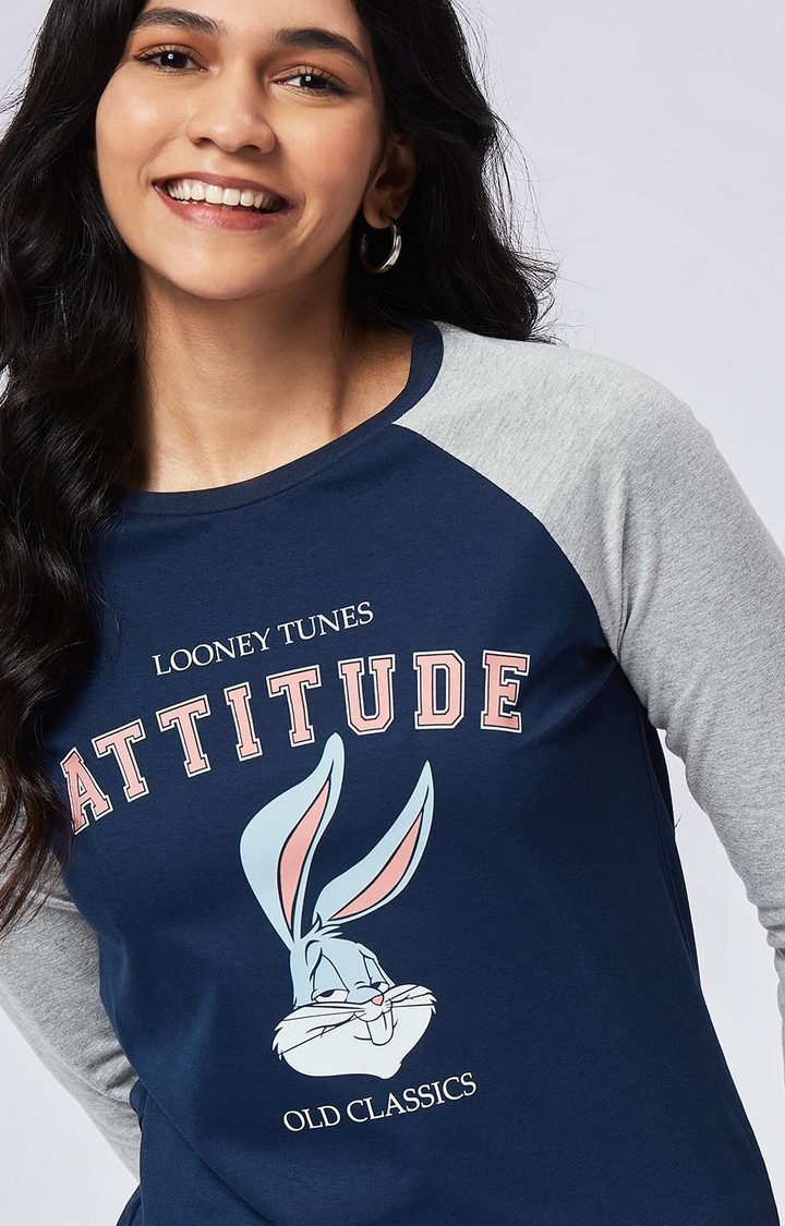 Women's Looney Tunes: Bugs Bunny Attitude Blue & Grey Printed Regular T-Shirt