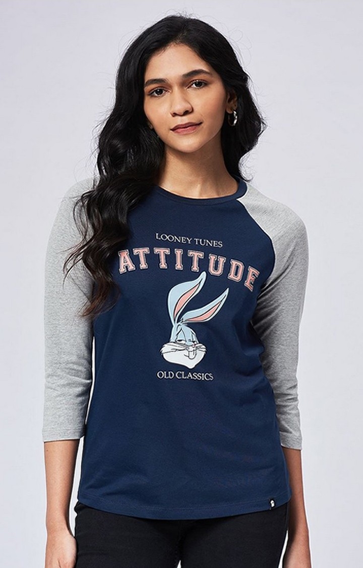 Women's Looney Tunes: Bugs Bunny Attitude Blue & Grey Printed Regular T-Shirt