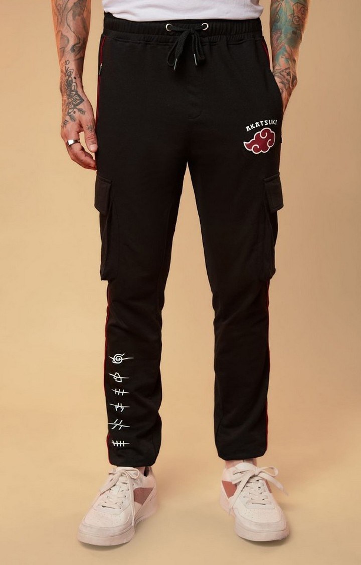 Men's Naruto Akatsuki Symbol Black Cotton Printed Cargo