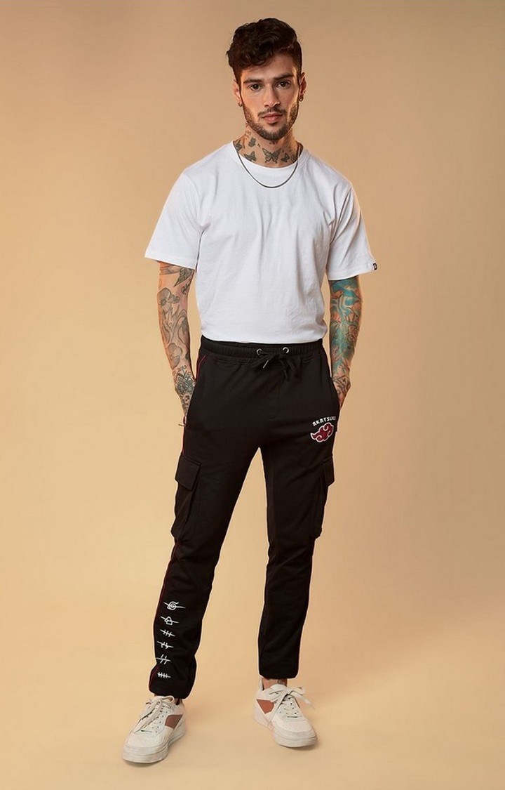 Men's Naruto Akatsuki Symbol Black Cotton Printed Cargo