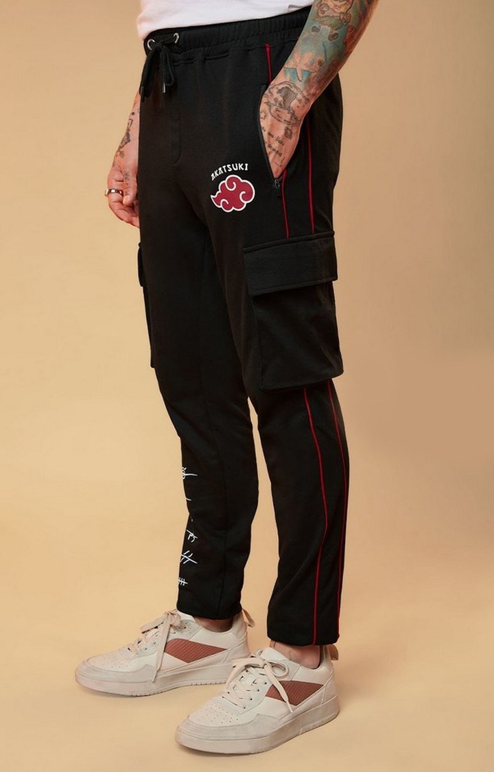 Men's Naruto Akatsuki Symbol Black Cotton Printed Cargo