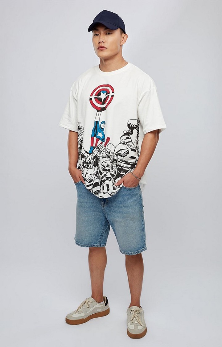 Men's Captain America: Cap's Shield White Printed Oversized T-Shirt