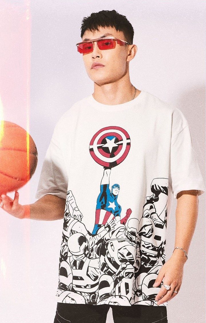 Men's Captain America: Cap's Shield White Printed Oversized T-Shirt