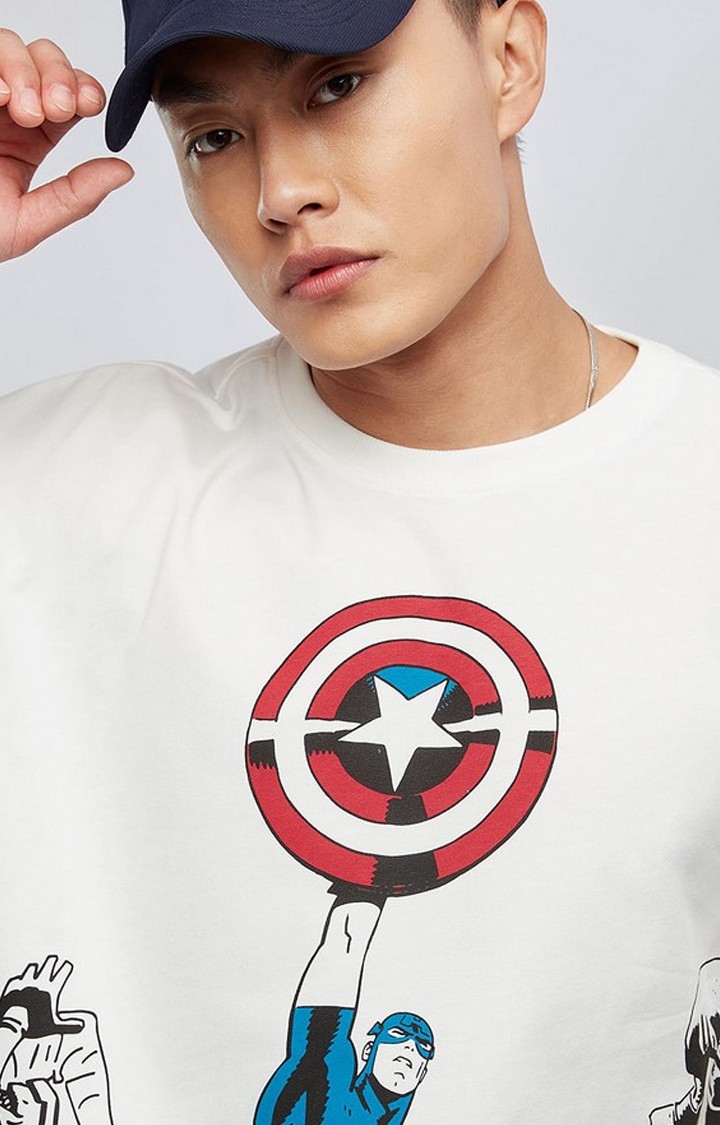 Men's Captain America: Cap's Shield White Printed Oversized T-Shirt