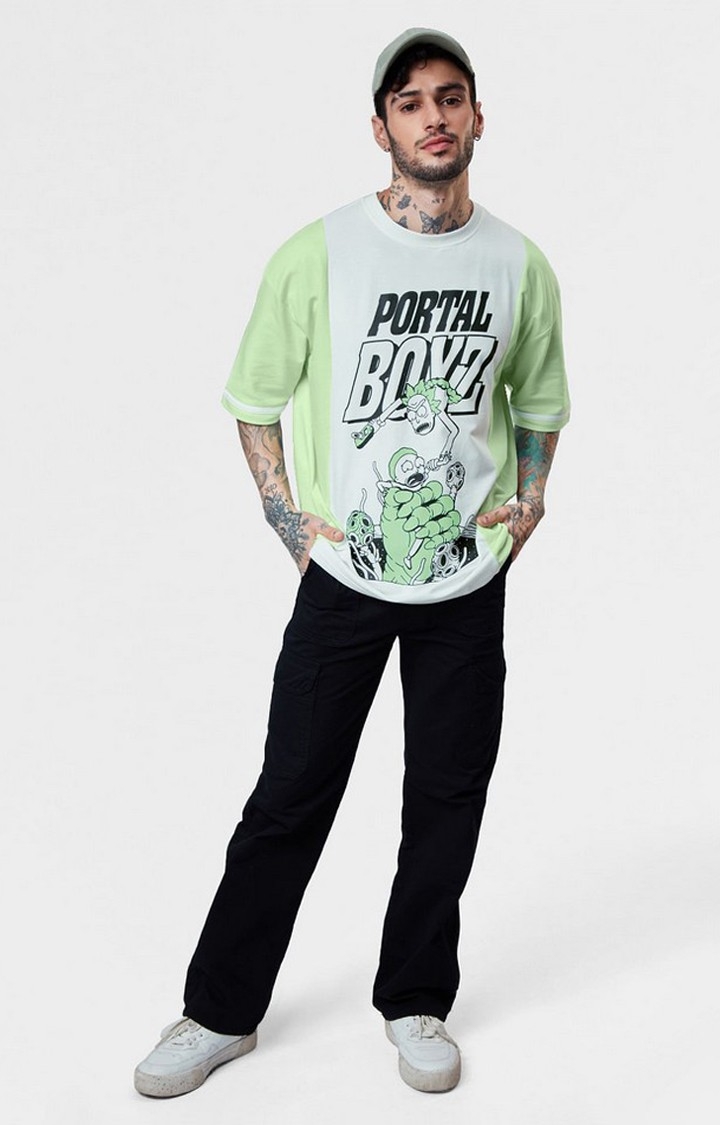 Men's Rick And Morty: Portal Boyz Green & White Printed Oversized T-Shirt