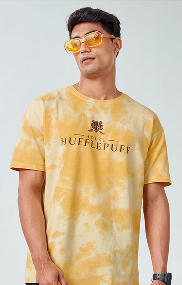 Men's Harry Potter: House Hufflepuff Yellow Tie Dye Printed Oversized T-Shirt