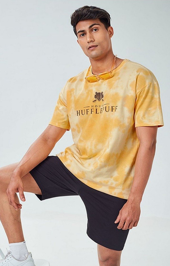 Men's Harry Potter: House Hufflepuff Yellow Tie Dye Printed Oversized T-Shirt