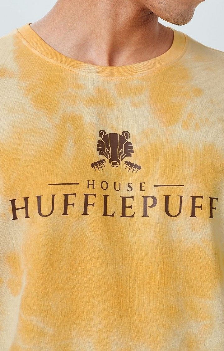 Men's Harry Potter: House Hufflepuff Yellow Tie Dye Printed Oversized T-Shirt