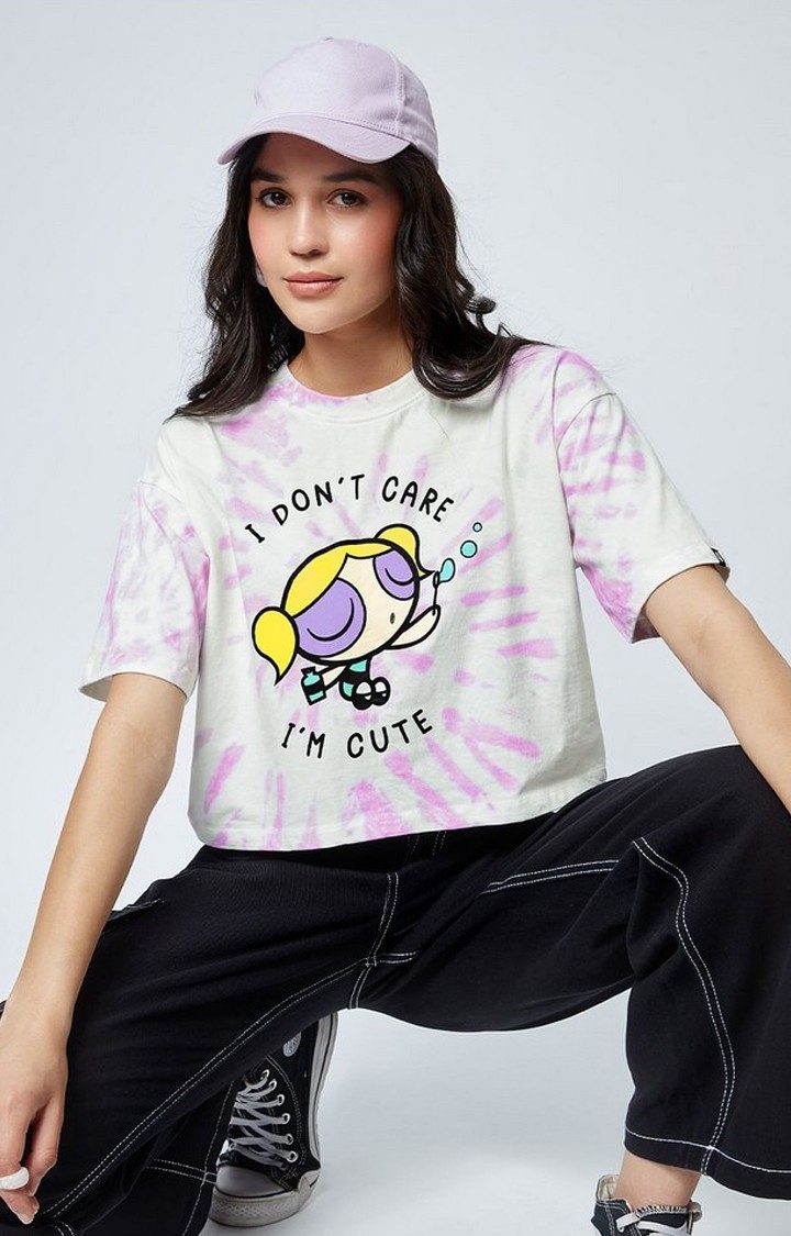 Women's Powerpuff Girls: Cute Bubbles White Printed Crop Top