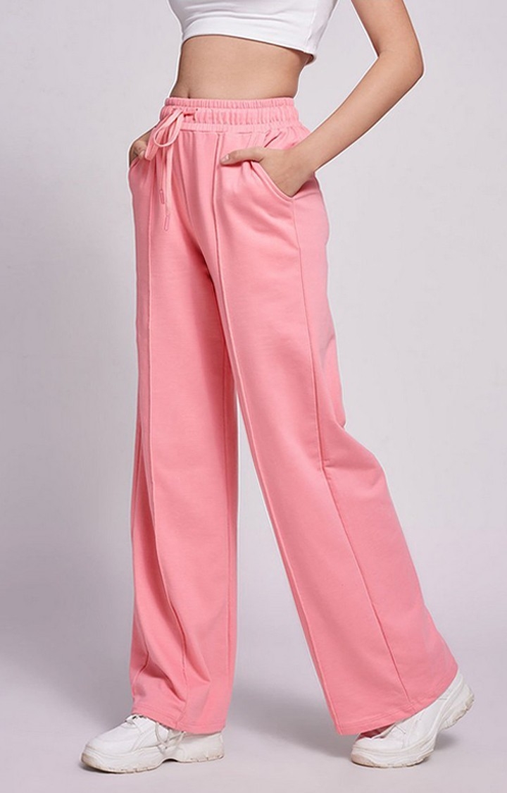 Women's  Pink Cotton Solid Trackpant