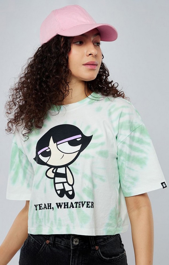 The Souled Store | Women's Powerpuff Girls: Buttercup Whatever White & Green Printed Crop Top