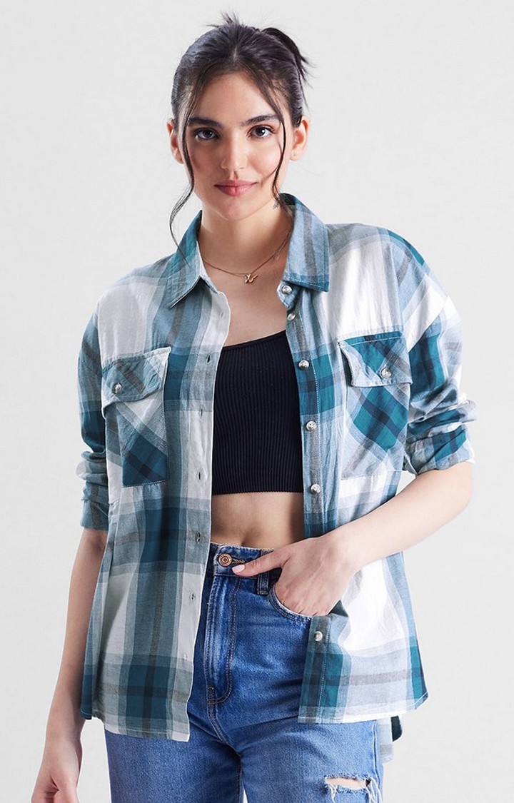 The Souled Store | Women's Blue & White Checked Oversized Shirt