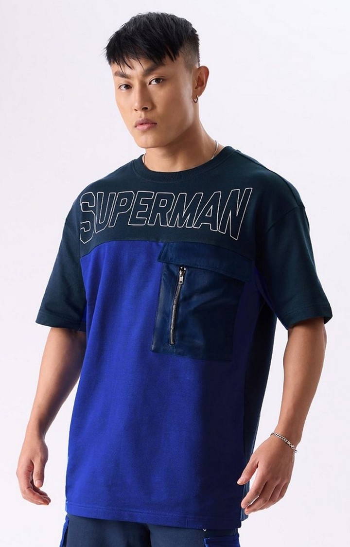 Men's Superman: Find Your Power Blue Printed Oversized T-Shirt