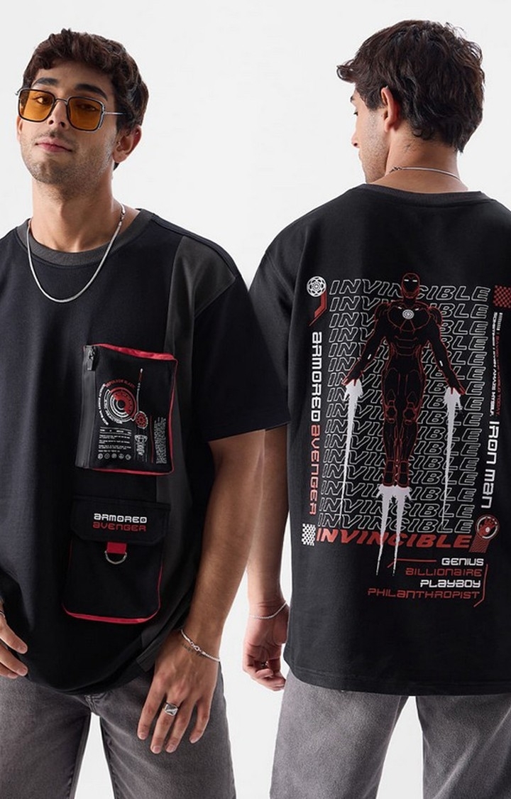 Men's Iron Man: Armoured Avenger Black Printed Oversized T-Shirt