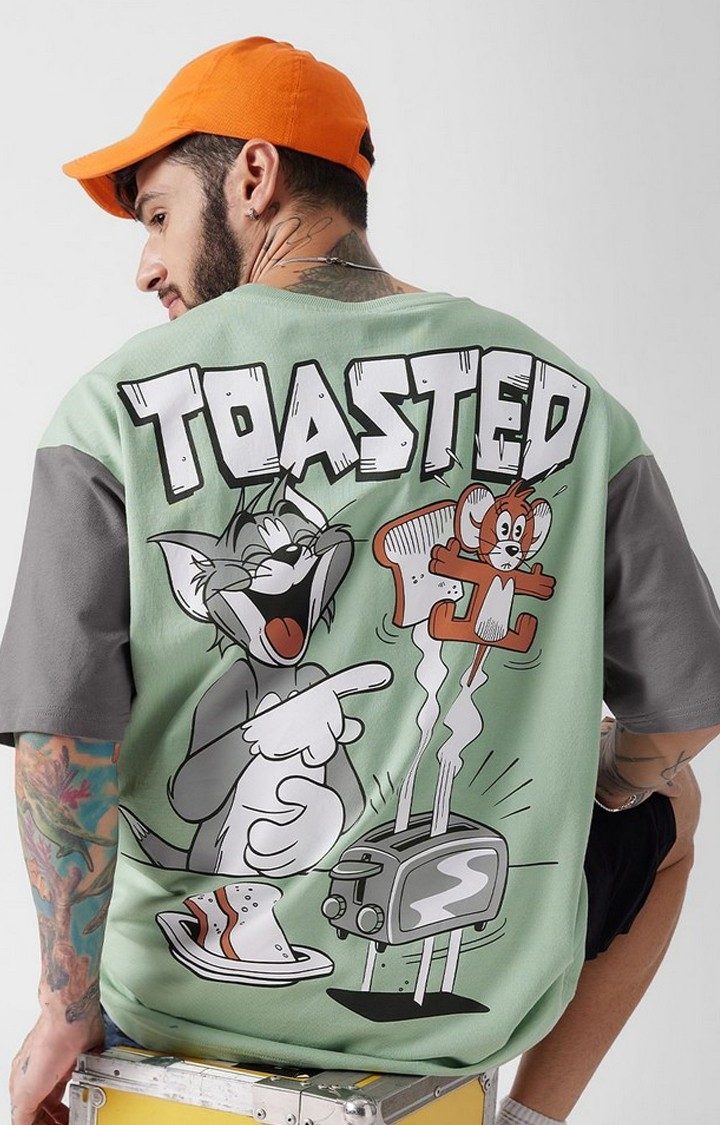 Men's Tom & Jerry: Toasted Green Graphic Printed Oversized T-Shirt