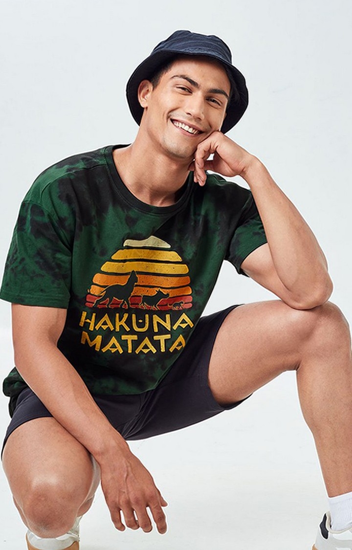 Men's Lion King: Hakuna Matata Black & Green Tie Dye Printed Oversized T-Shirt
