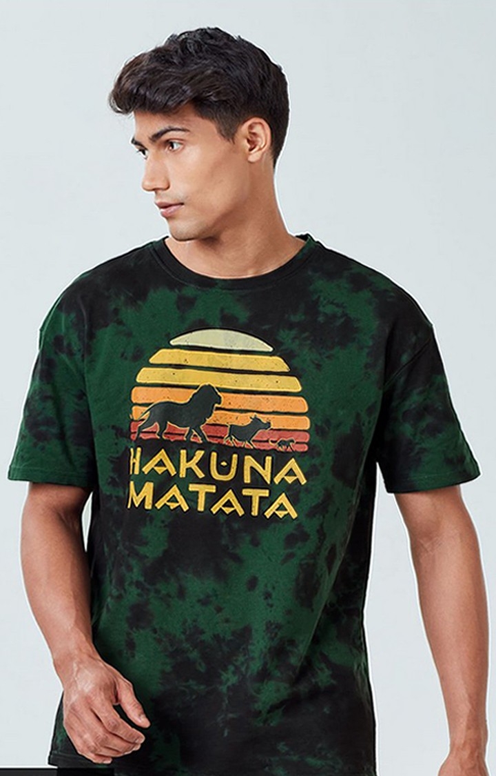 The Souled Store | Men's Lion King: Hakuna Matata Black & Green Tie Dye Printed Oversized T-Shirt