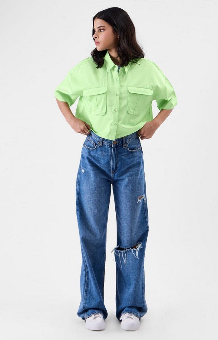 Women's Green Solid Crop Shirt