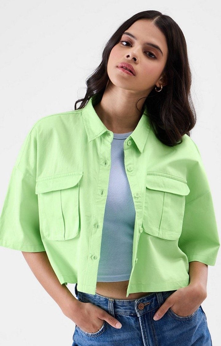 Women's Green Solid Crop Shirt