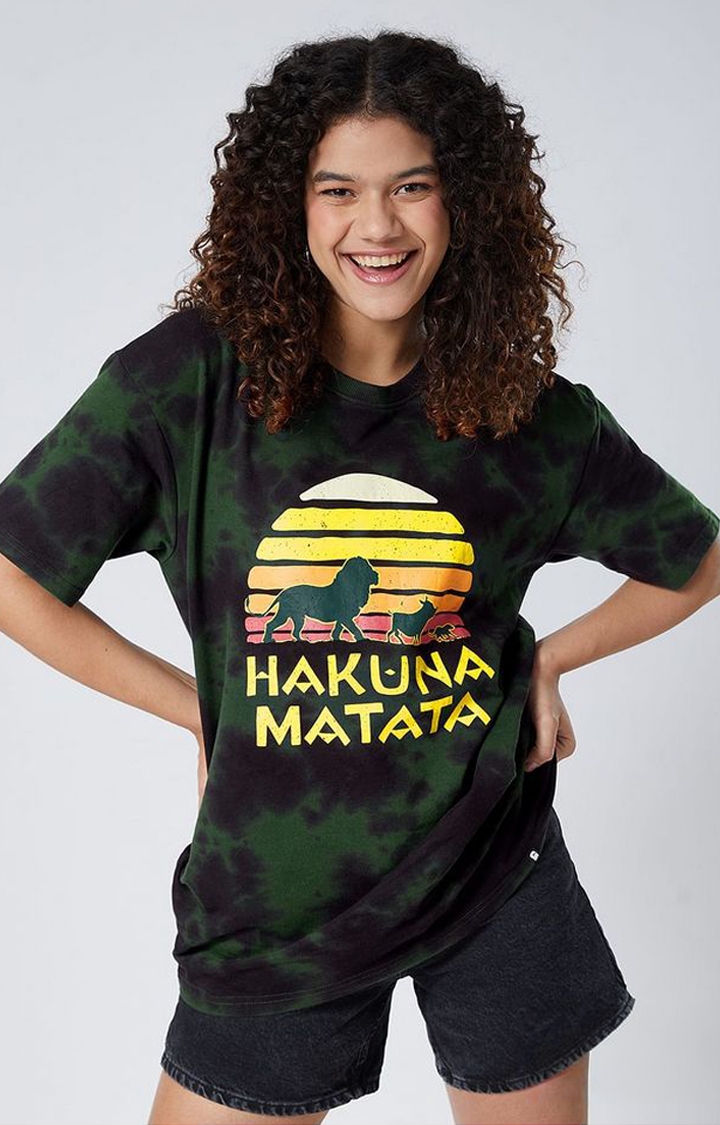 Women's The Lion King: Hakuna Matata Green Tie Dye Printed Oversized T-Shirt