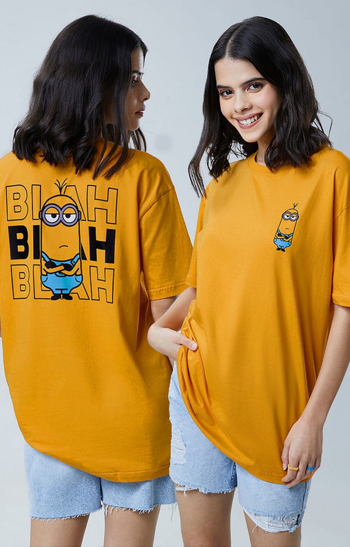Women's Minions: Blah Blah Blah Yellow Printed Oversized T-Shirt