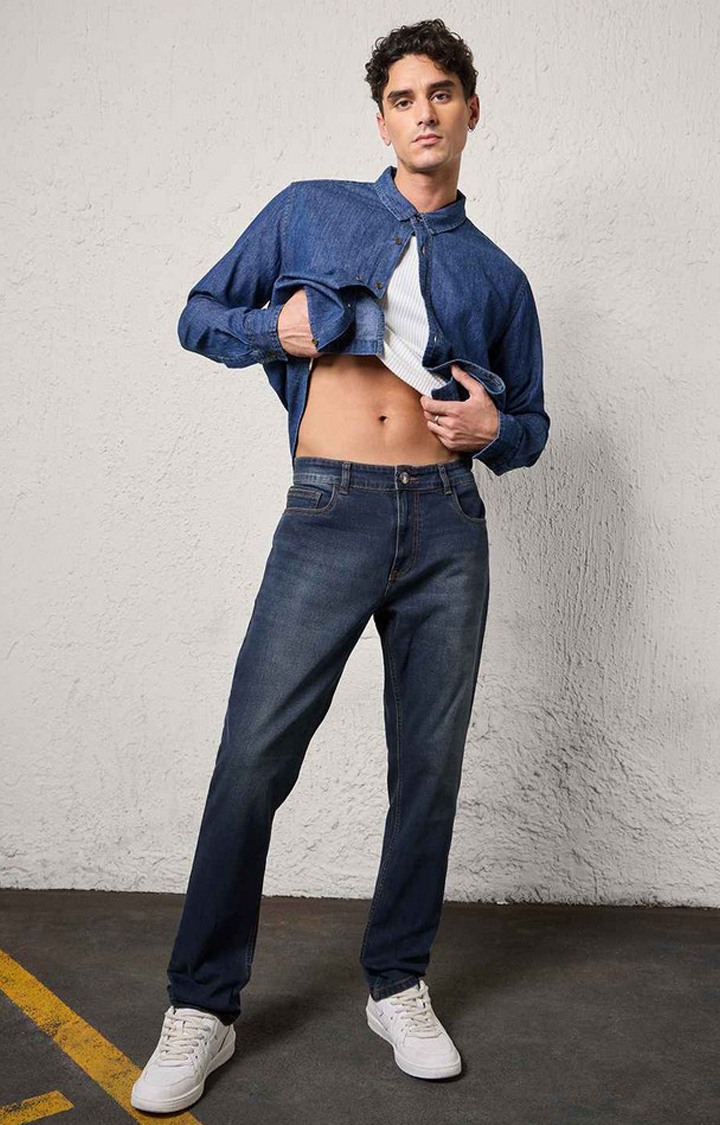 Men's Dark Blue Polycotton Solid Slim Jeans