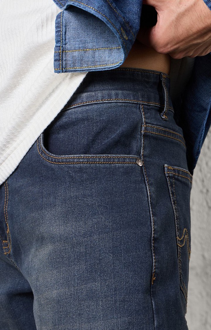 Men's Dark Blue Polycotton Solid Slim Jeans