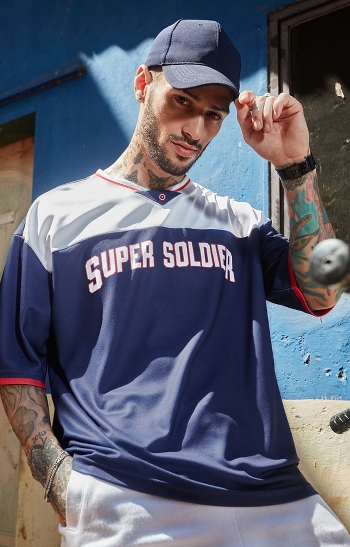 The Souled Store | Men's Captain America: Super Soldier Blue Typographic Printed Oversized T-Shirt
