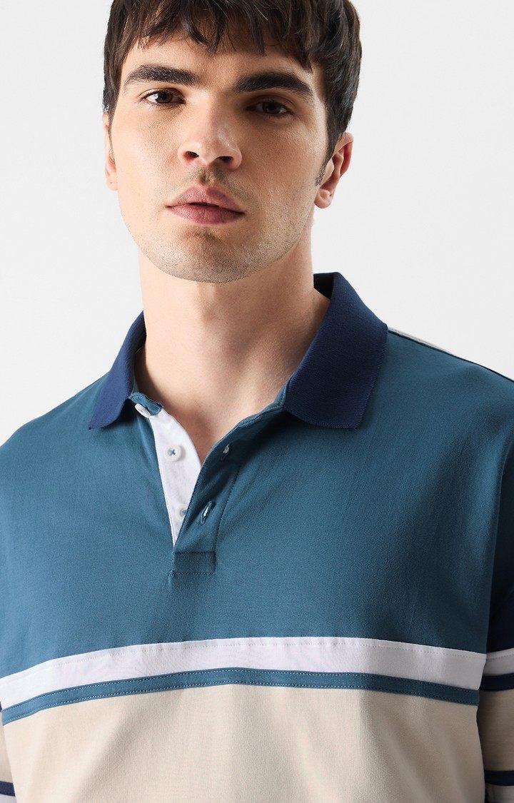 Men's Original Solids Ocean Blue Colourblock Oversized Polos