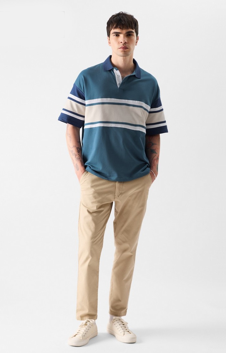 Men's Original Solids Ocean Blue Colourblock Oversized Polos
