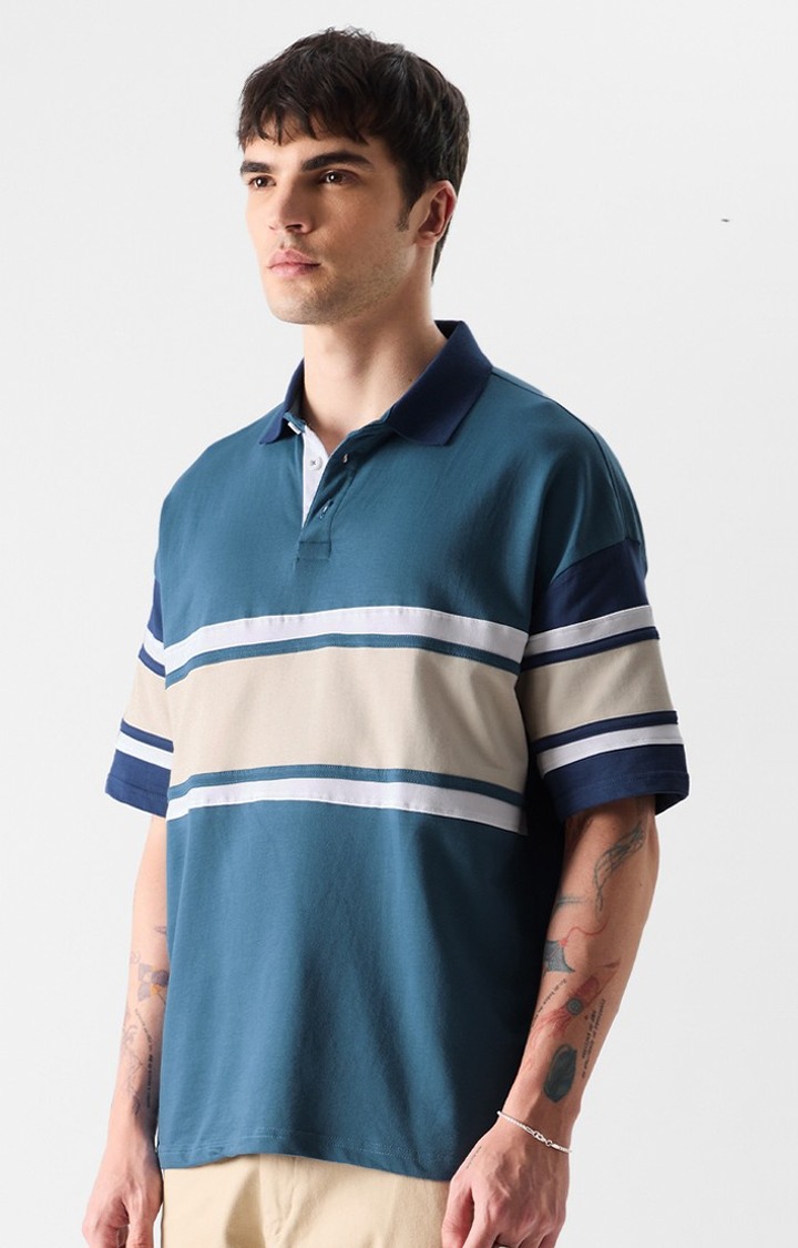 Men's Original Solids Ocean Blue Colourblock Oversized Polos