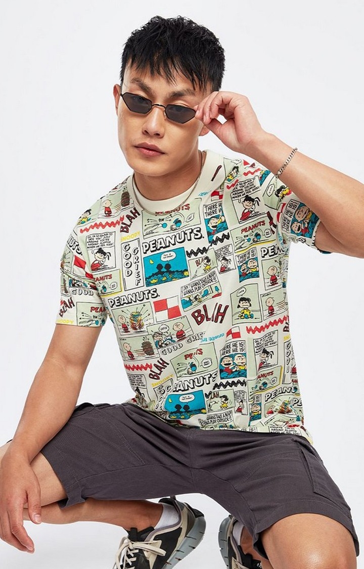 The Souled Store | Men's Peanuts: Old School Multicolour Graphic Printed Regular T-Shirt