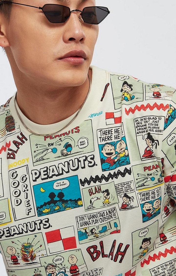 Men's Peanuts: Old School Multicolour Graphic Printed Regular T-Shirt
