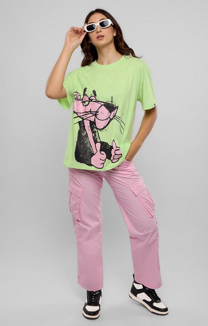 Women's Pink Panther: Thumbs Up Green Printed Oversized T-Shirt