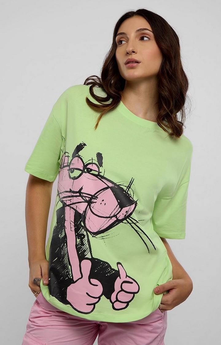 Women's Pink Panther: Thumbs Up Green Printed Oversized T-Shirt