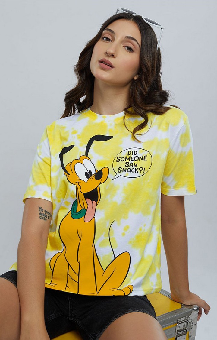 Women s Disney Pluto Wants A Snack Yellow White Tie Dye Printed Regular T Shirt