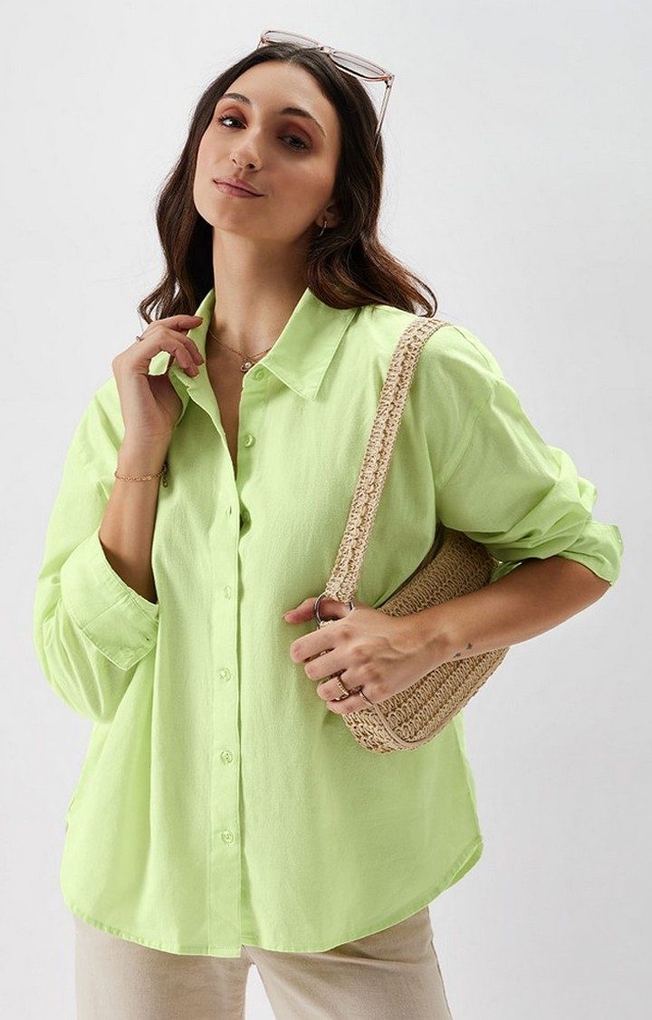 Women's Linen: Lime Green Solid Oversized Shirt