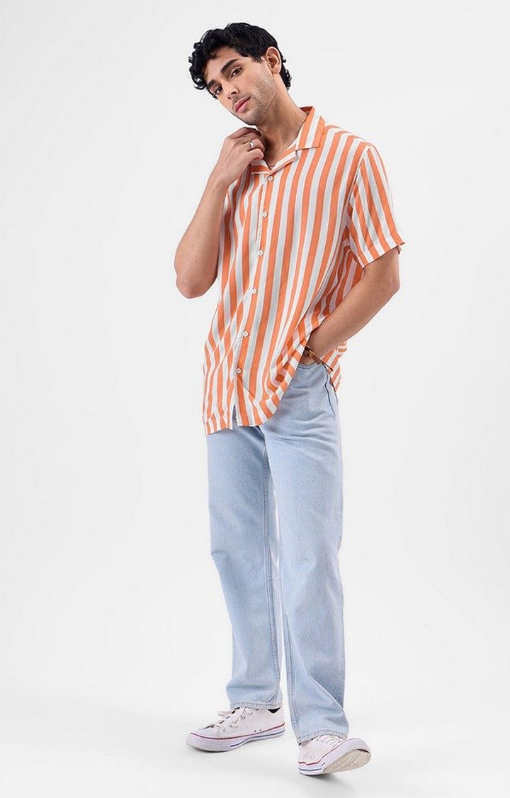 Men's Stripes: Apricot Orange & White Striped Oversized Shirt