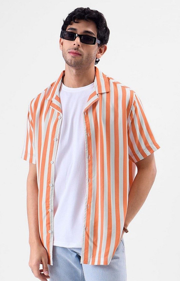 Men's Stripes: Apricot Orange & White Striped Oversized Shirt