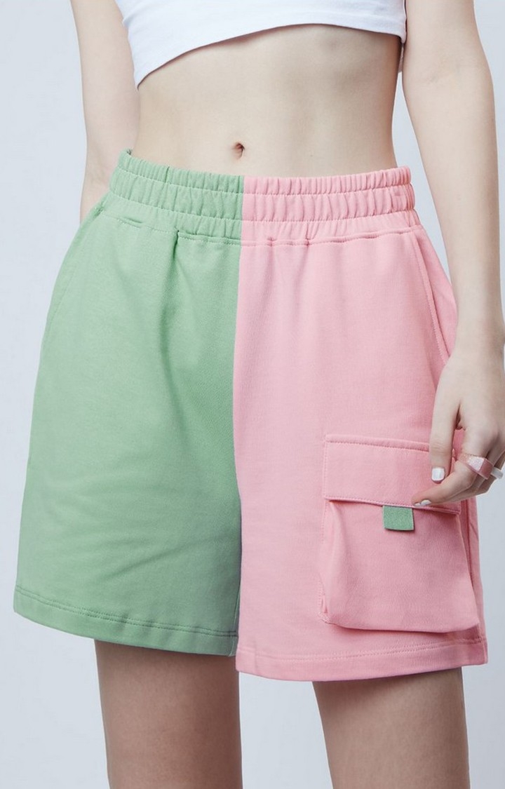 Women's  Pink & Green Cotton Colourblocked Shorts