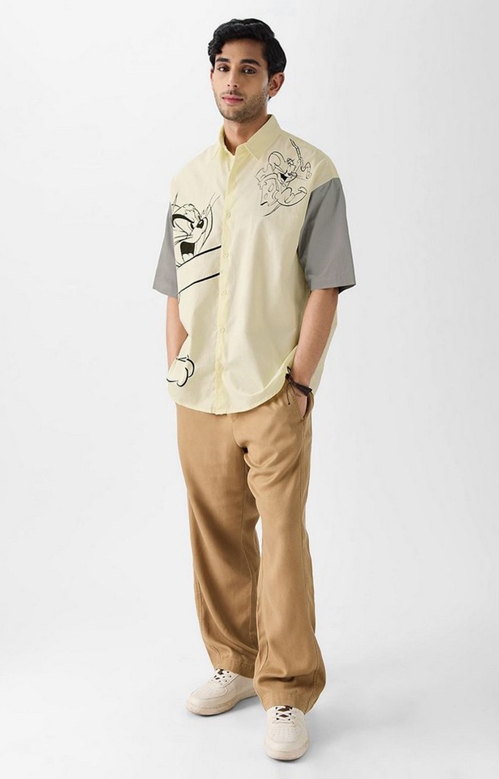 Men's Tom And Jerry: The Chase Light Yellow Printed Oversized Shirt