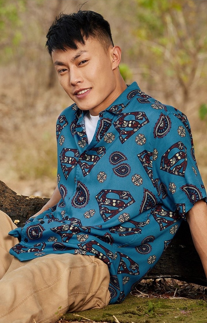 The Souled Store | Men's Superman: Pattern Blue Printed Oversized Shirt