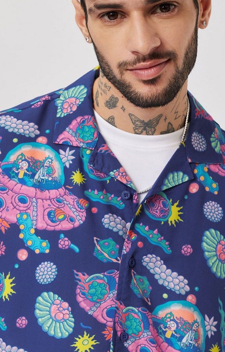 Men's Rick And Morty: Space Adventure Blue Printed Oversized Shirt
